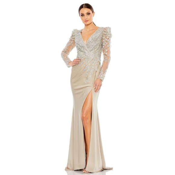 NWT Mac Duggal Embellished Faux Wrap Illusion Puff Sleeve Gown Taupe 10 #8471 - Picture 1 of 8
